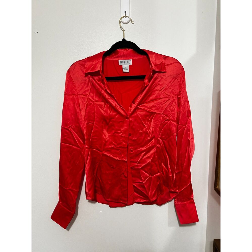 Robbie Bee Red 100% Silk Button Up Blouse Long‎ Sleeve Collared Womens S Top